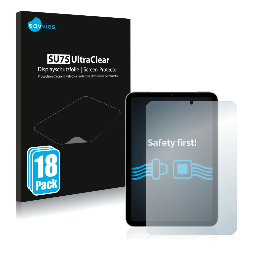 Front side of a product packaging with the brand logo Savvies. Next to it is the device Apple iPad Mini 6 2021 shown with the 