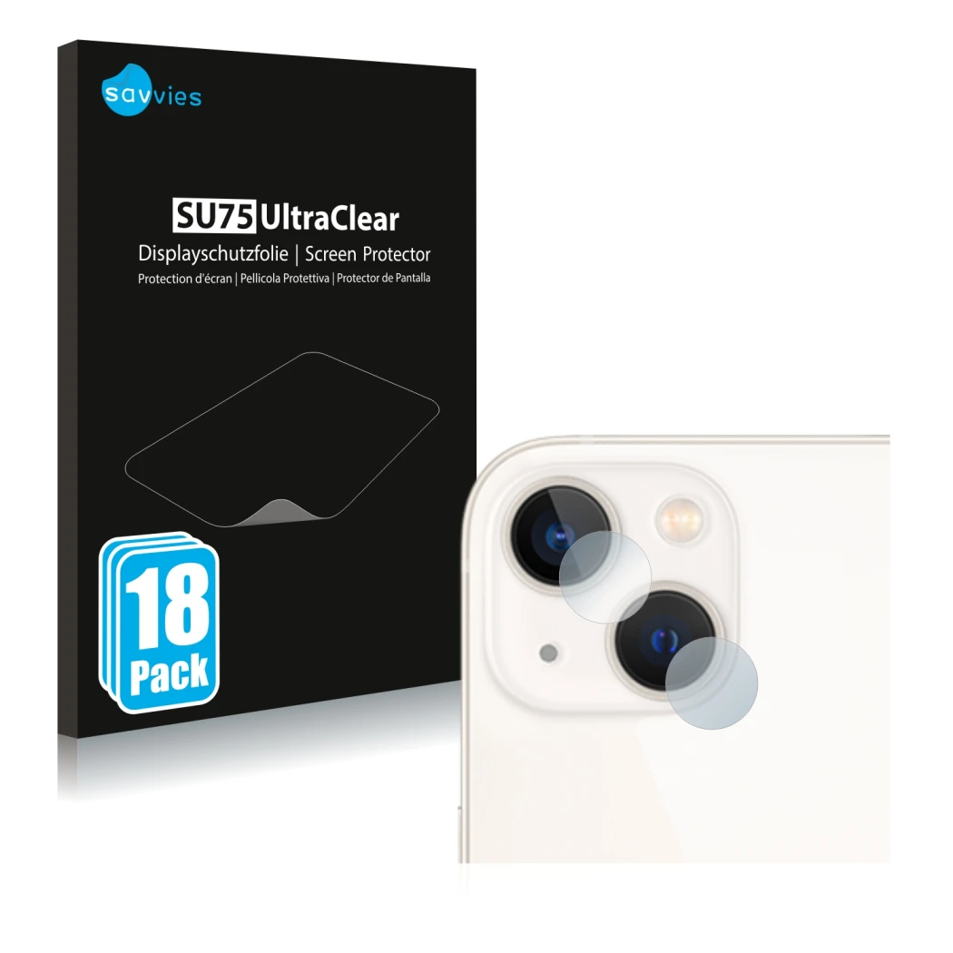 Front side of a product packaging with the brand logo Savvies. Next to it is the device Apple iPhone 13 (ONLY Camera Lens) sho