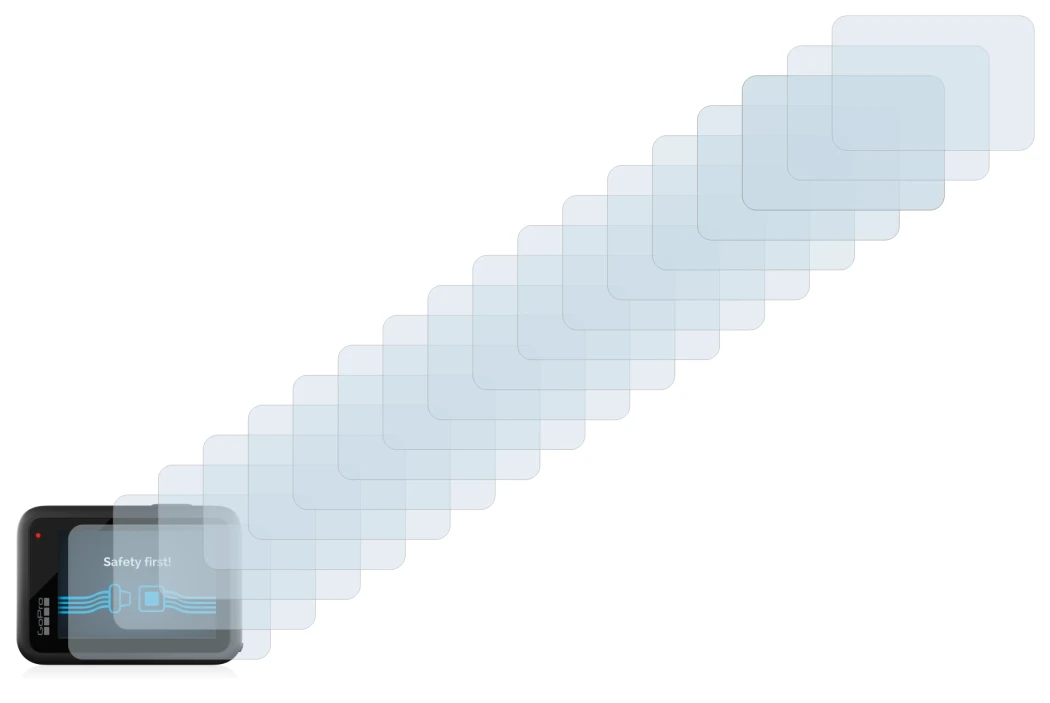 Image of the device GoPro Hero 10 Black with a wide variety of screen protectors.