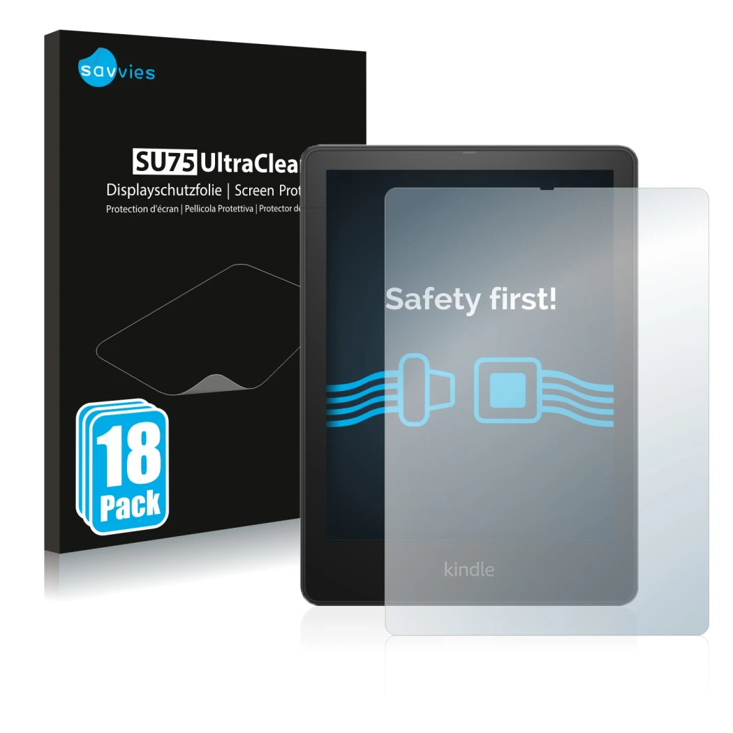 Front side of a product packaging with the brand logo Savvies. Next to it is the device Amazon Kindle Paperwhite 2021 Signatur