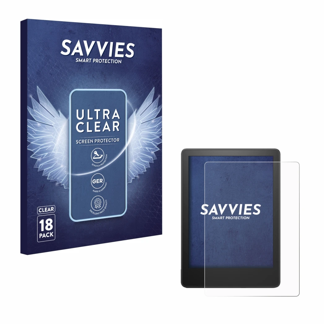 Front side of a product packaging with the brand logo Savvies. Next to it is the device Amazon Kindle Paperwhite 2021 (11th Ge