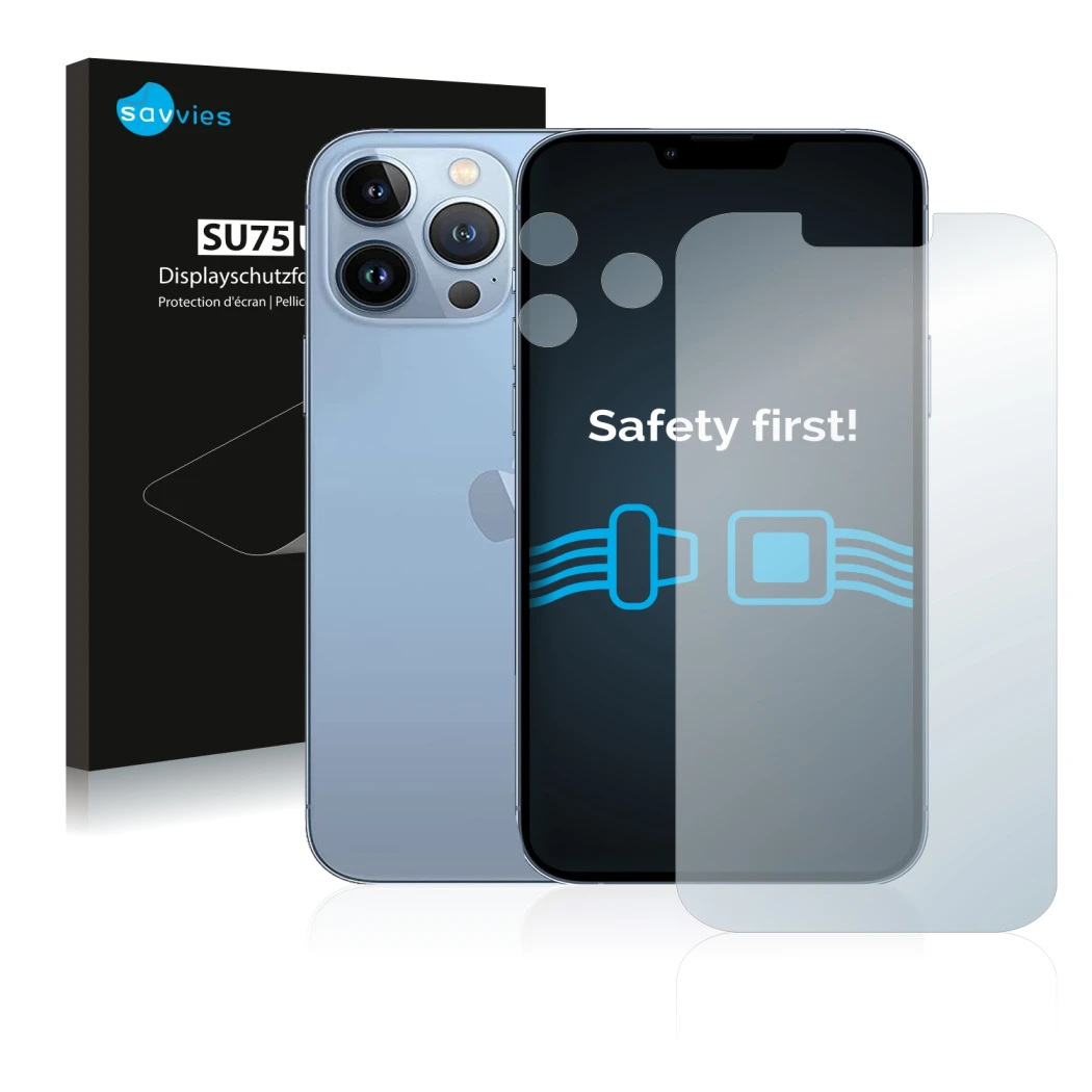 Front side of a product packaging with the brand logo Savvies. Next to it is the device Apple iPhone 13 Pro Max (Front+Camera)