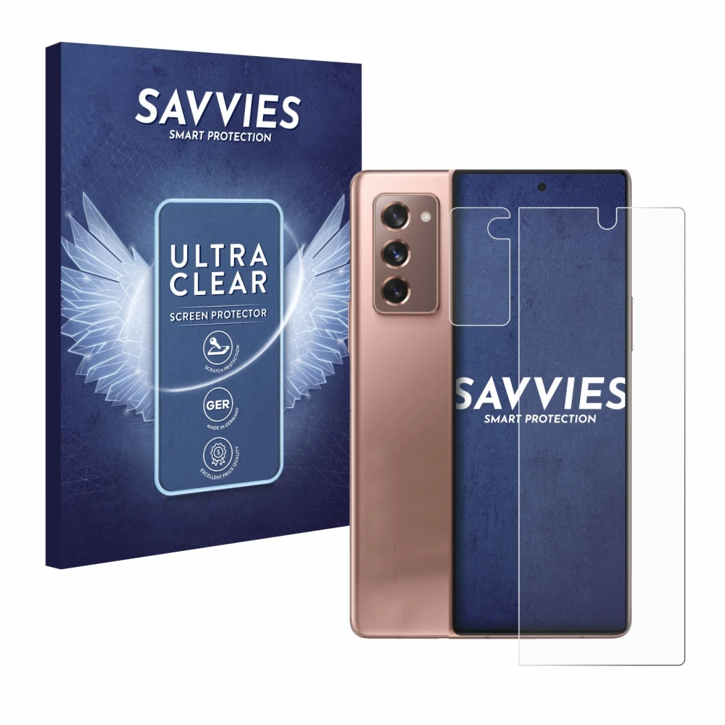Front side of a product packaging with the brand logo Savvies. Next to it is the device Samsung Galaxy Z Fold 2 5G (Front+Came