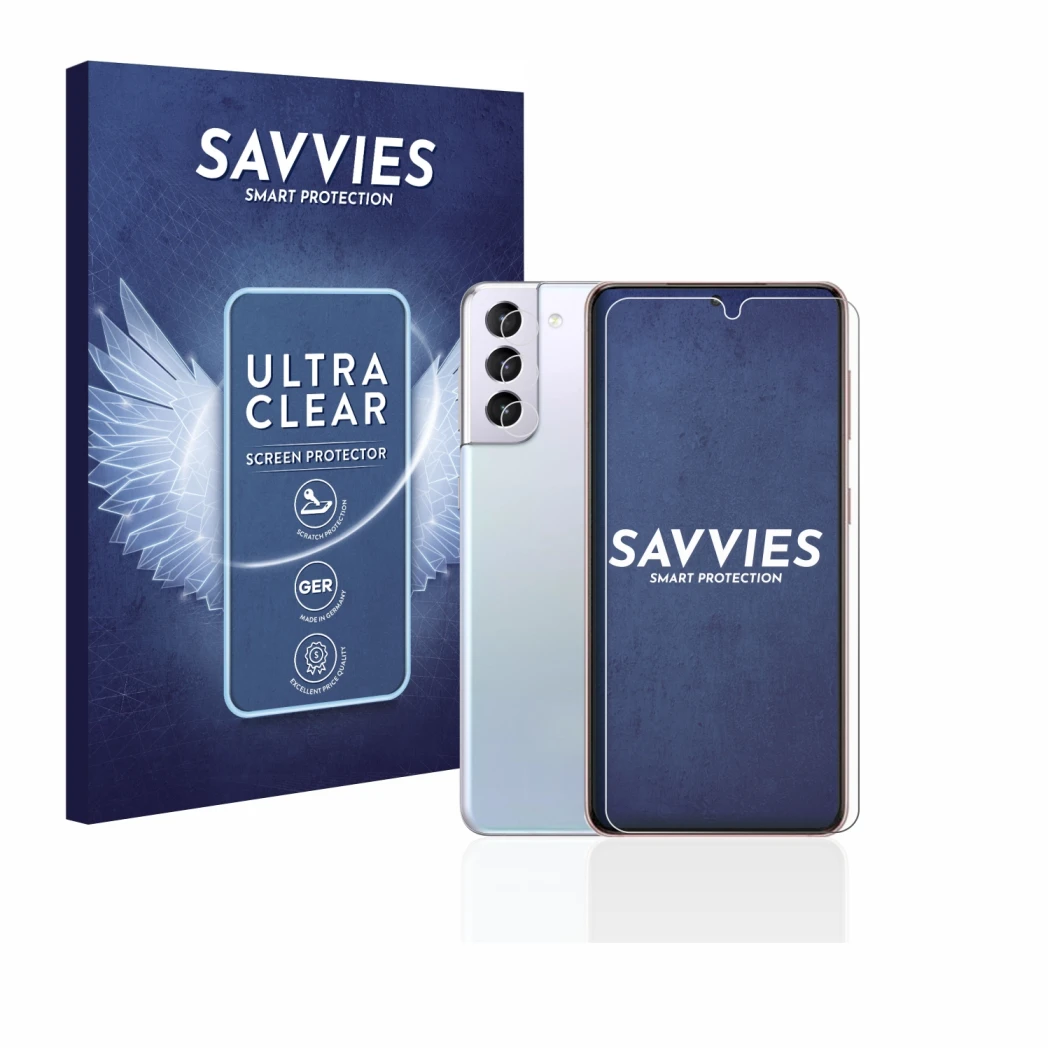 Front side of a product packaging with the brand logo Savvies. Next to it is the device Samsung Galaxy S21 5G (Front+Camera) s