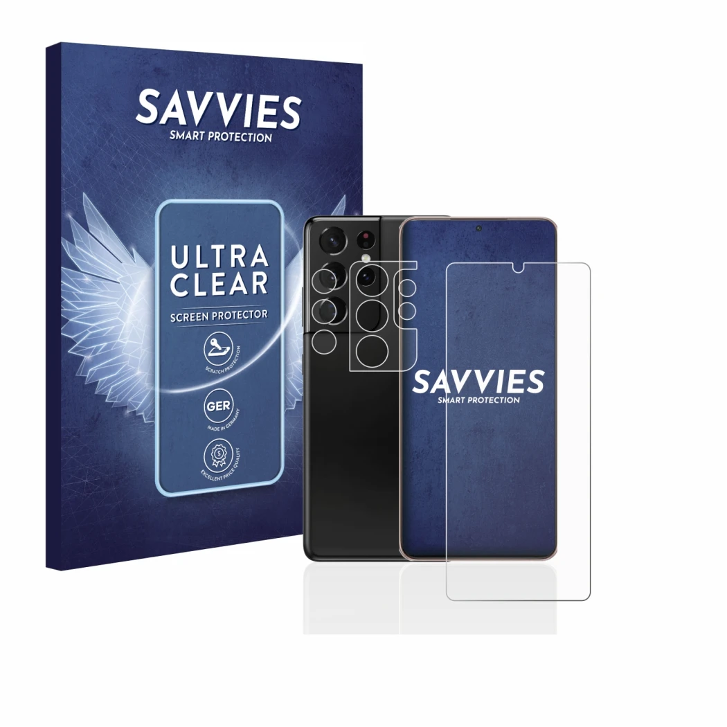 Front side of a product packaging with the brand logo Savvies. Next to it is the device Samsung Galaxy S21 Ultra 5G (Front+Cam