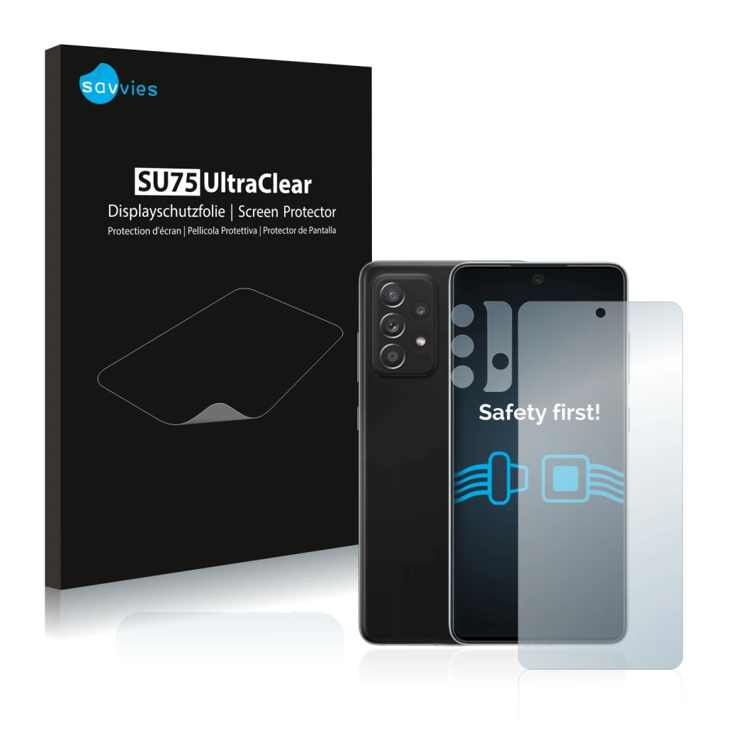 Front side of a product packaging with the brand logo Savvies. Next to it is the device Samsung Galaxy A52 5G (Front+Camera) s