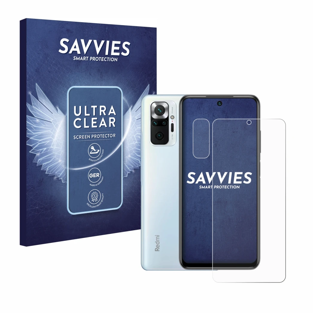 Front side of a product packaging with the brand logo Savvies. Next to it is the device Xiaomi Redmi Note 10 Pro (Front+Camera
