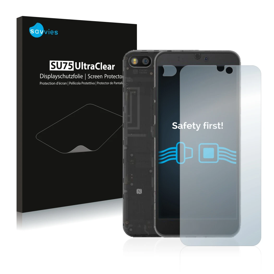 Front side of a product packaging with the brand logo Savvies. Next to it is the device Fairphone 3 (Front+Camera) shown with 