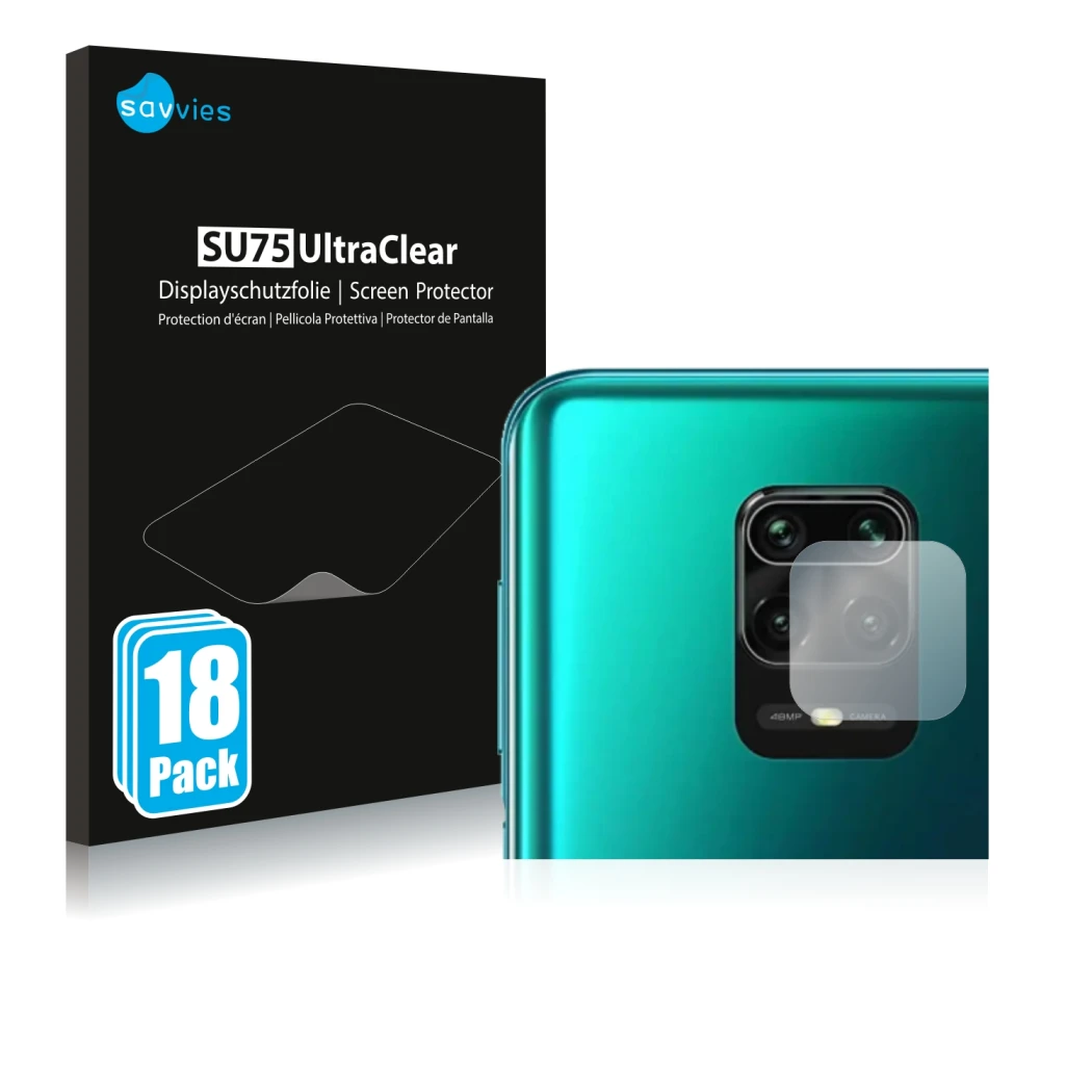 Front side of a product packaging with the brand logo Savvies. Next to it is the device Xiaomi Redmi Note 10 Lite (ONLY Camera
