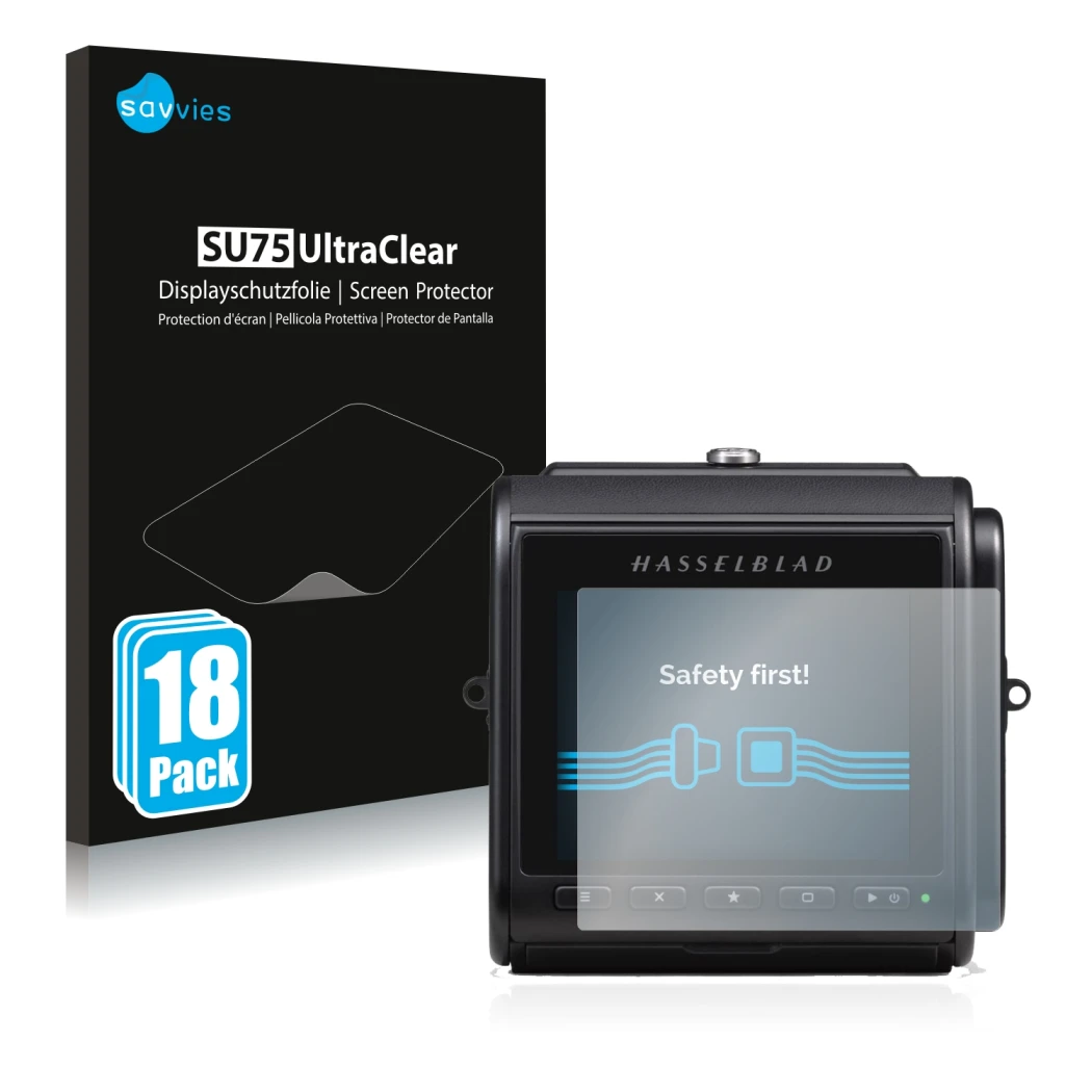Front side of a product packaging with the brand logo Savvies. Next to it is the device Hasselblad 907X 50C shown with the cor