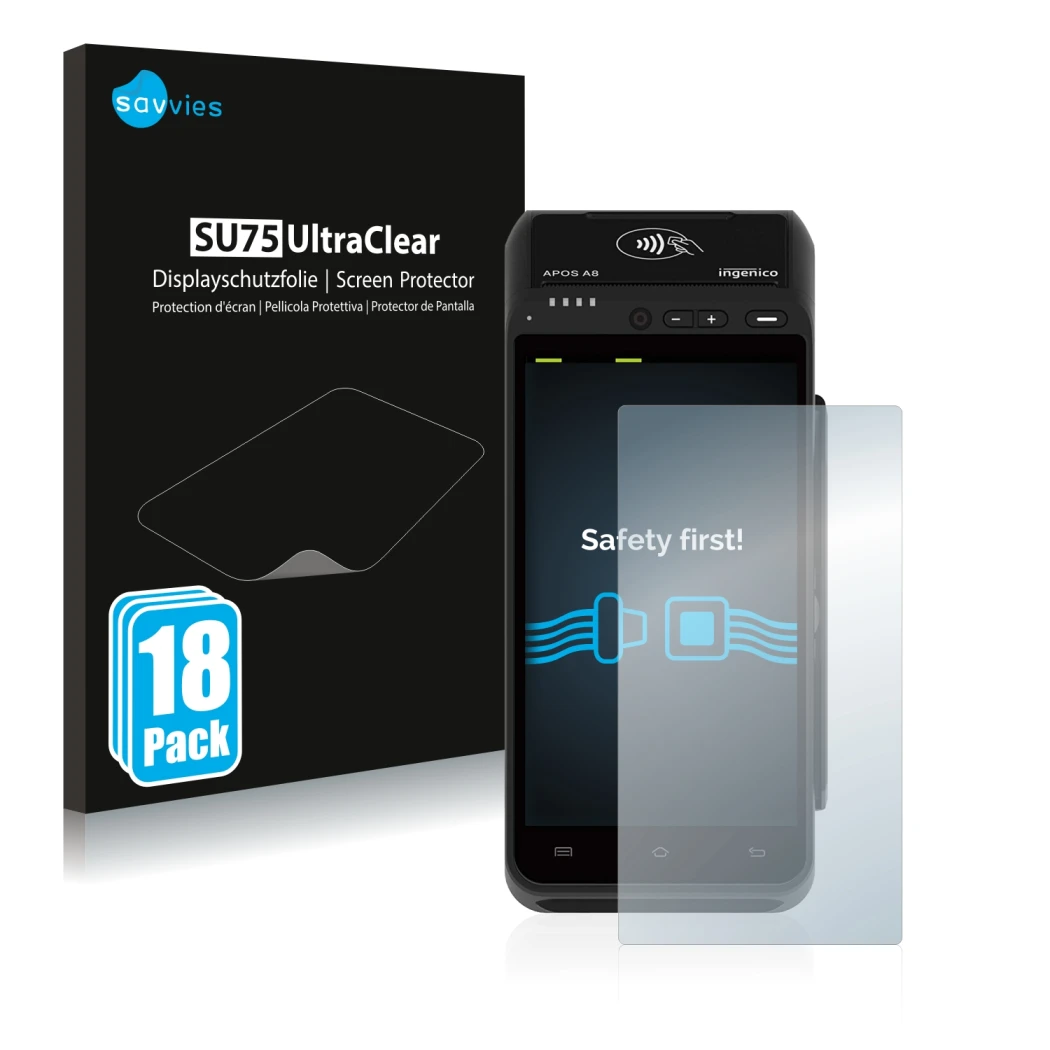 Front side of a product packaging with the brand logo Savvies. Next to it is the device ingenico Apos A8 shown with the corres