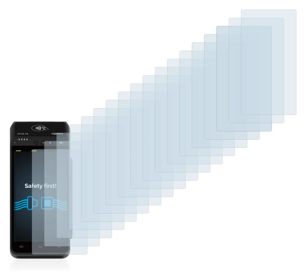 Image of the device ingenico Apos A8 with a wide variety of screen protectors.
