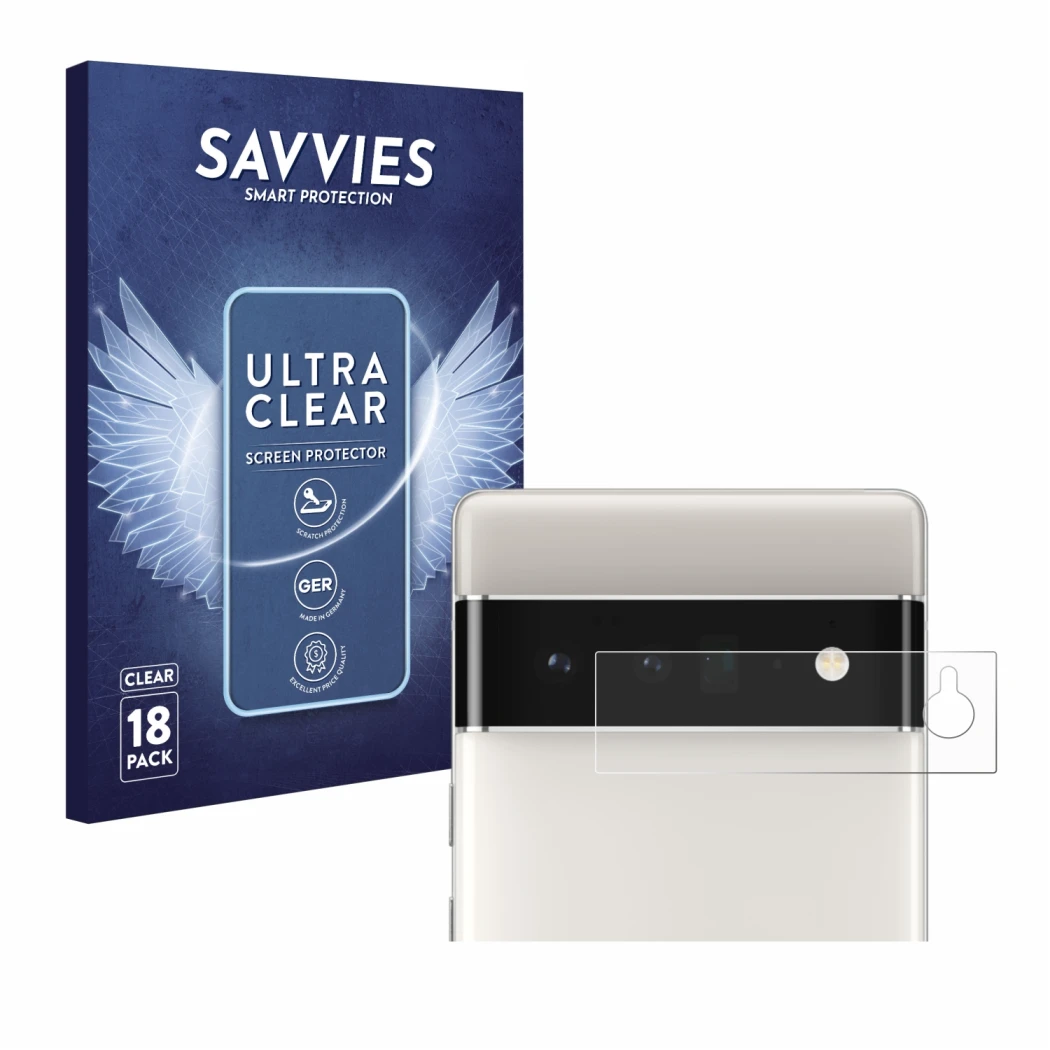 Front side of a product packaging with the brand logo Savvies. Next to it is the device Google Pixel 6 Pro (ONLY Camera Lens) 