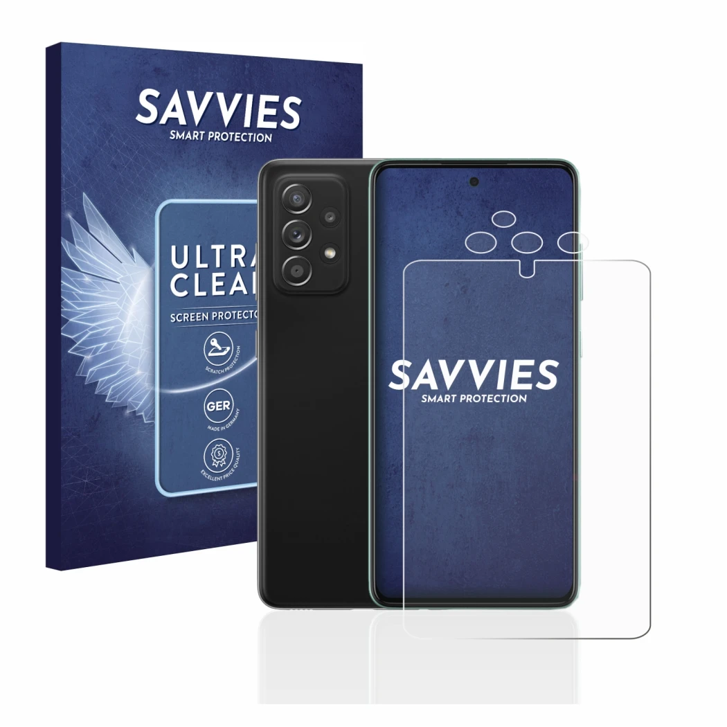 Front side of a product packaging with the brand logo Savvies. Next to it is the device Samsung Galaxy A52s 5G (Front+Camera) 