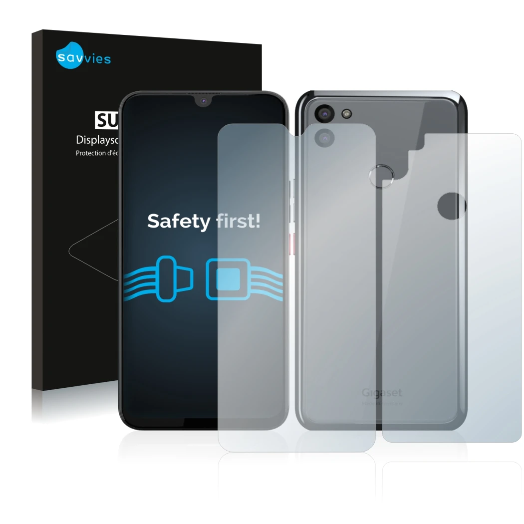 Front side of a product packaging with the brand logo Savvies. Next to it is the device Gigaset GS5 (Front+Back) shown with th