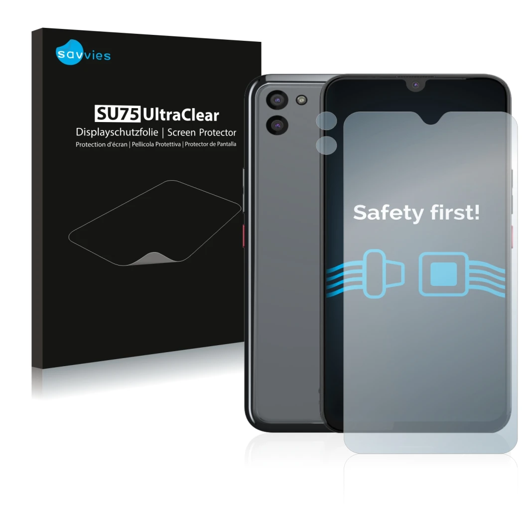 Front side of a product packaging with the brand logo Savvies. Next to it is the device Gigaset GS5 (Front+Camera) shown with 