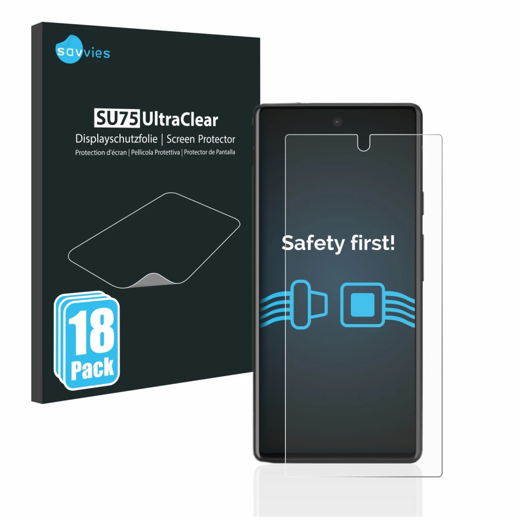 Front side of a product packaging with the brand logo Savvies. Next to it is the device Google Pixel 6a shown with the corresp