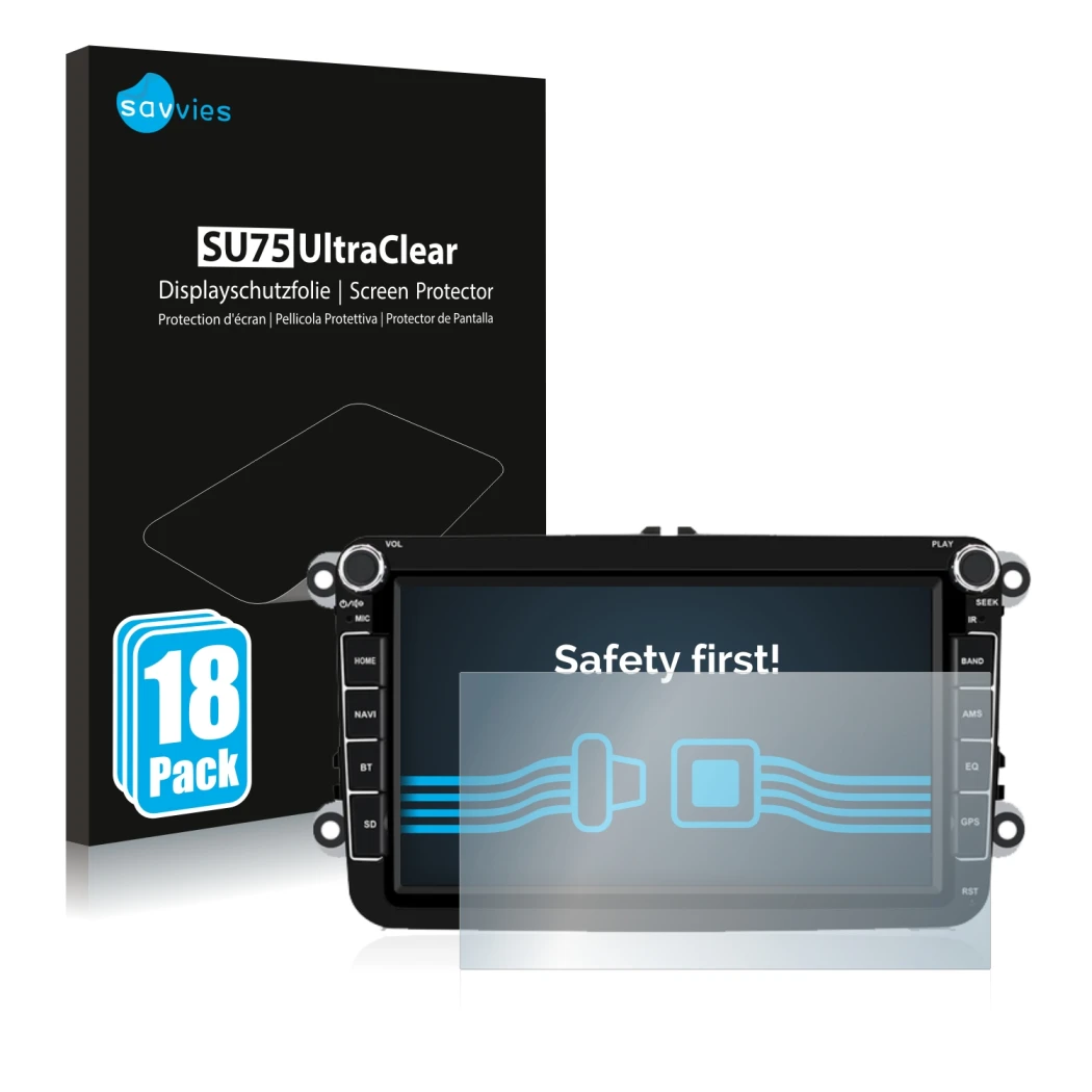 Front side of a product packaging with the brand logo Savvies. Next to it is the device Isudar T72 8