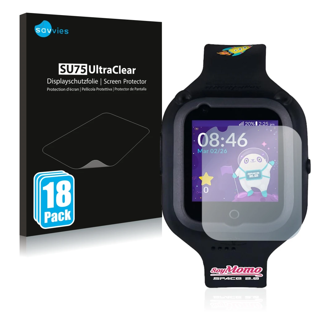 Front side of a product packaging with the brand logo Savvies. Next to it is the device SoyMomo Space 2.0 shown with the corre