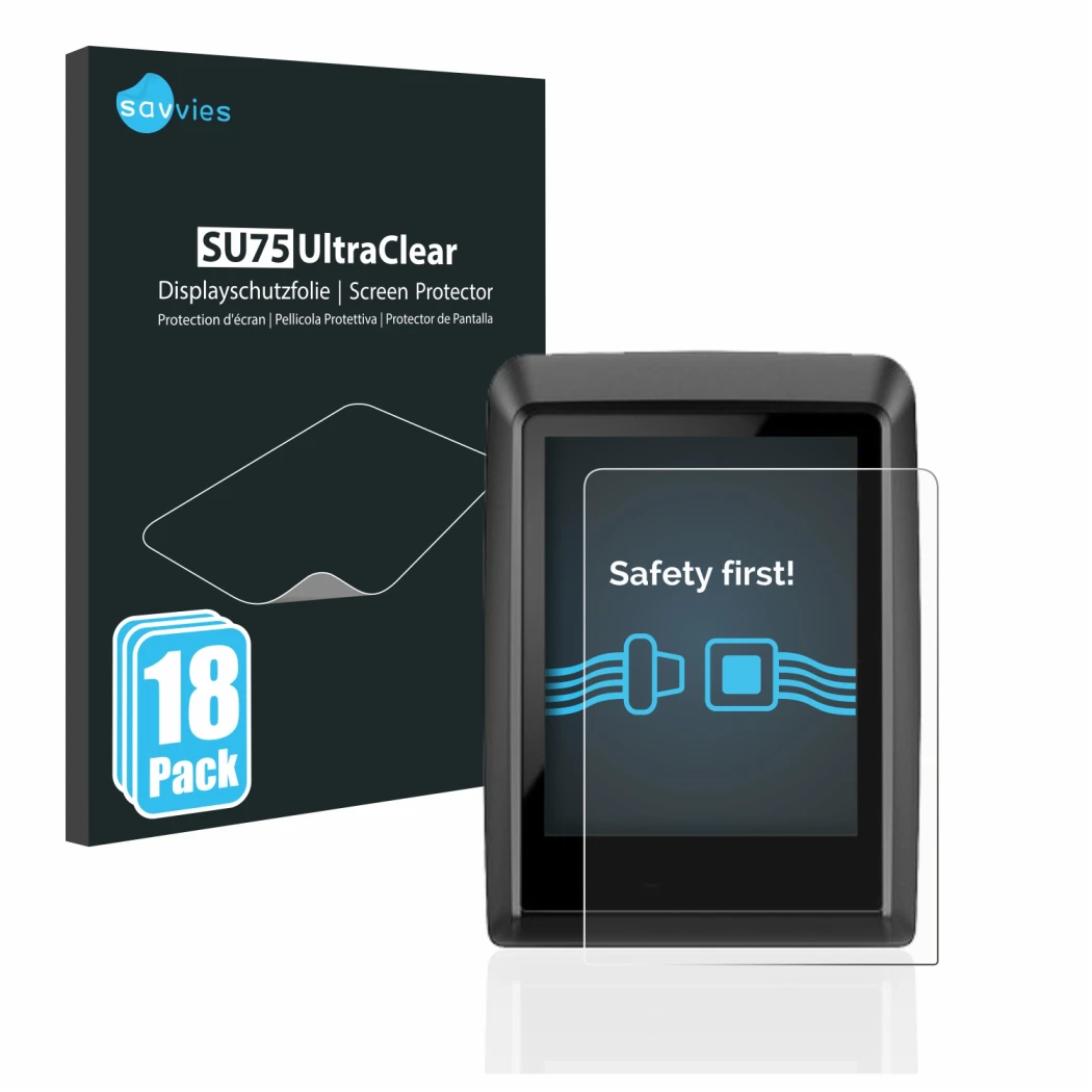 Front side of a product packaging with the brand logo Savvies. Next to it is the device Bosch Kiox 300 shown with the correspo