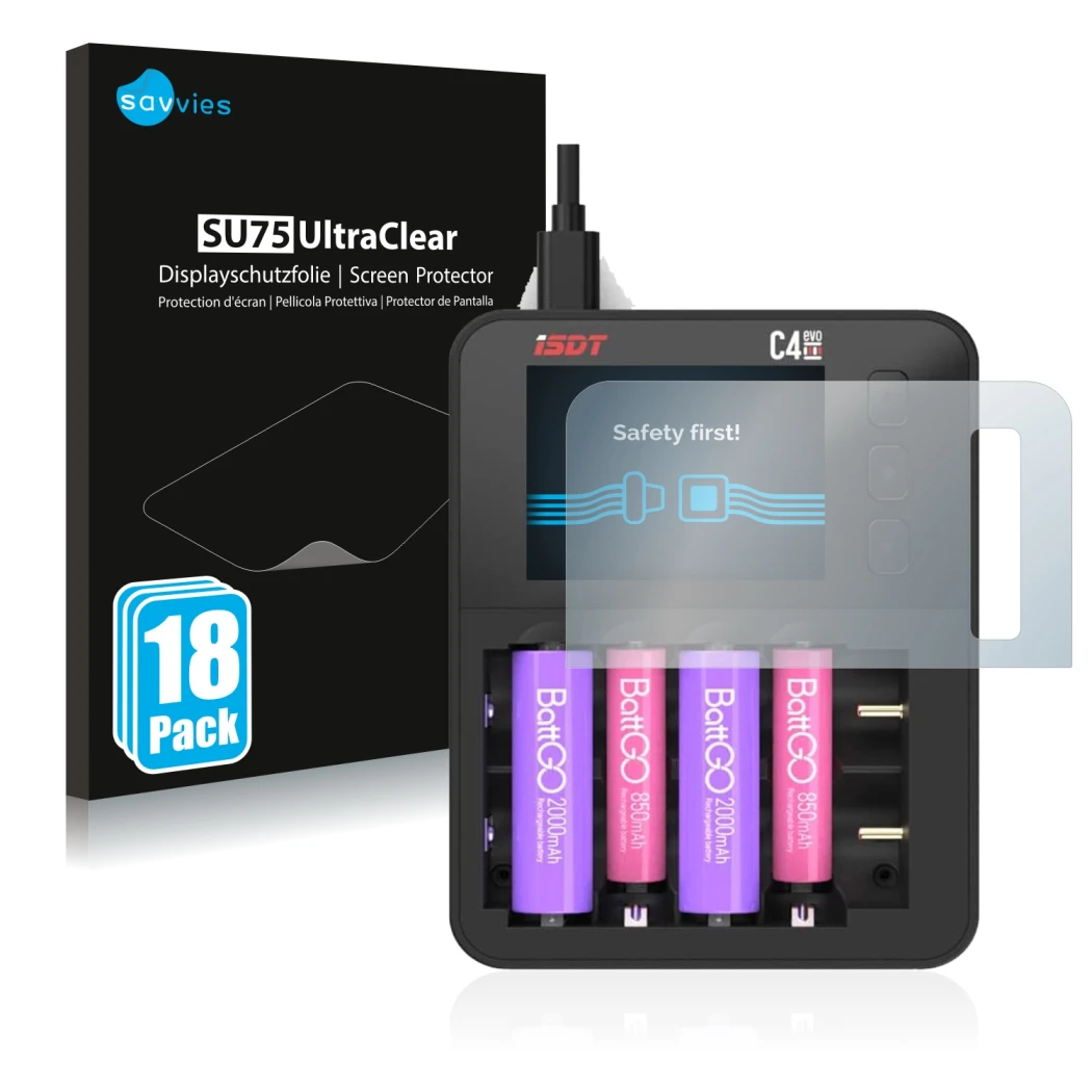 Front side of a product packaging with the brand logo Savvies. Next to it is the device ISDT C4 Evo shown with the correspondi