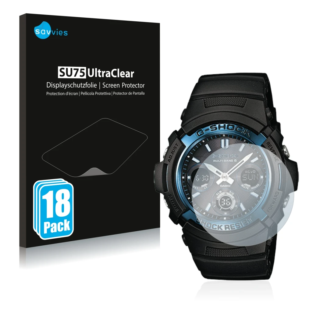 Front side of a product packaging with the brand logo Savvies. Next to it is the device Casio AWG M100 shown with the correspo