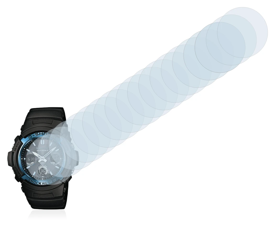 Image of the device Casio AWG M100 with a wide variety of screen protectors.