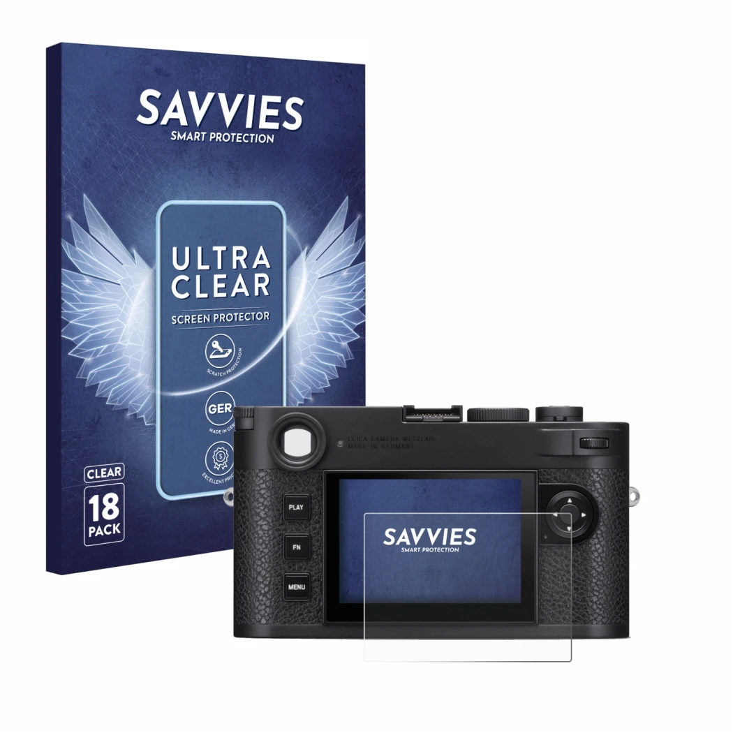 Front side of a product packaging with the brand logo Savvies. Next to it is the device Leica M11 shown with the corresponding