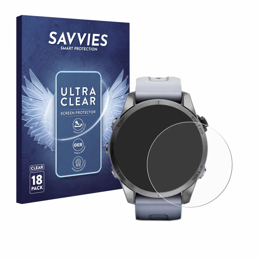 Front side of a product packaging with the brand logo Savvies. Next to it is the device Garmin Fenix 7S (42 mm) shown with the