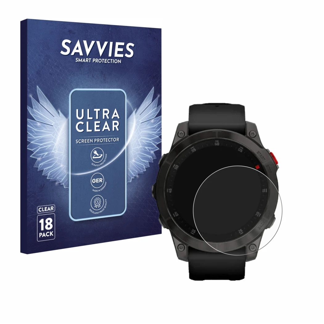 Front side of a product packaging with the brand logo Savvies. Next to it is the device Garmin epix (Gen. 2) shown with the co