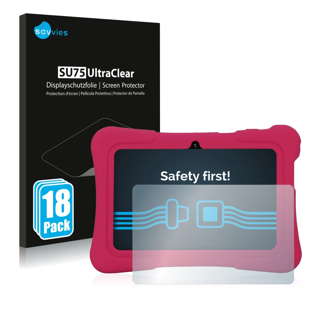 Front side of a product packaging with the brand logo Savvies. Next to it is the device Pritom K7 shown with the corresponding