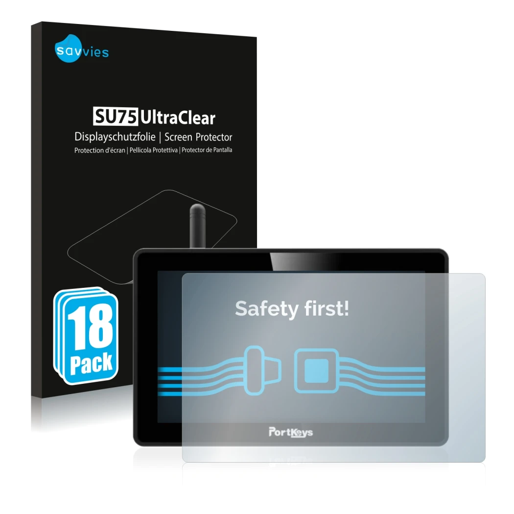 Front side of a product packaging with the brand logo Savvies. Next to it is the device Portkeys BM5 WR shown with the corresp