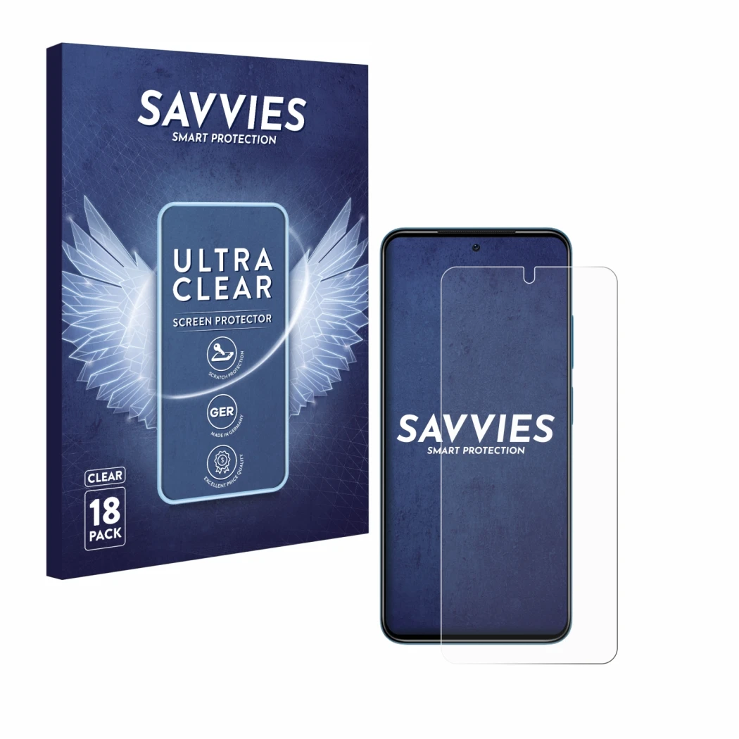 Front side of a product packaging with the brand logo Savvies. Next to it is the device Xiaomi Redmi Note 11 shown with the co