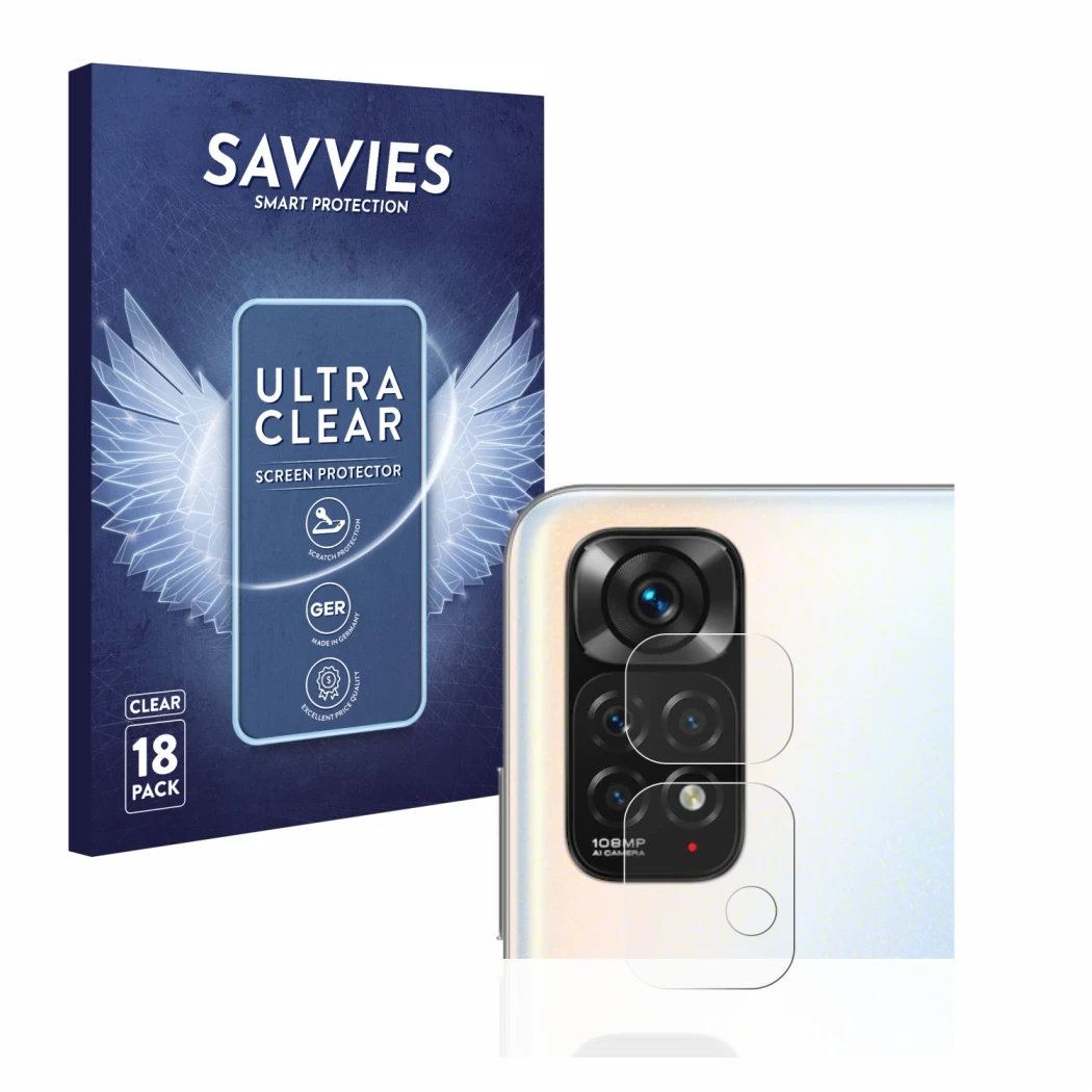 Front side of a product packaging with the brand logo Savvies. Next to it is the device Xiaomi Redmi Note 11S (ONLY Camera Len