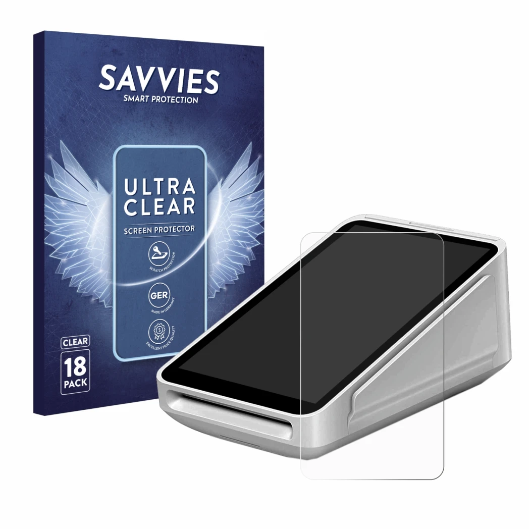 Front side of a product packaging with the brand logo Savvies. Next to it is the device Square Terminal shown with the corresp