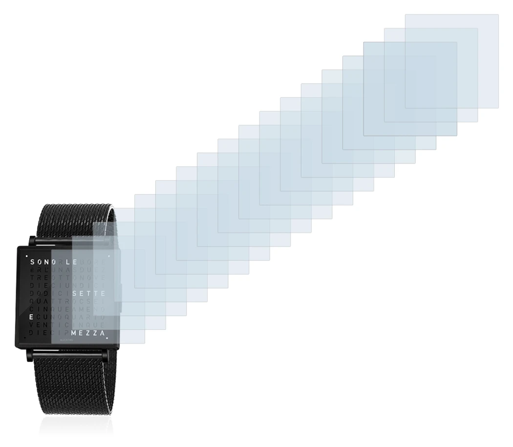 Image of the device Qlocktwo W35 with a wide variety of screen protectors.