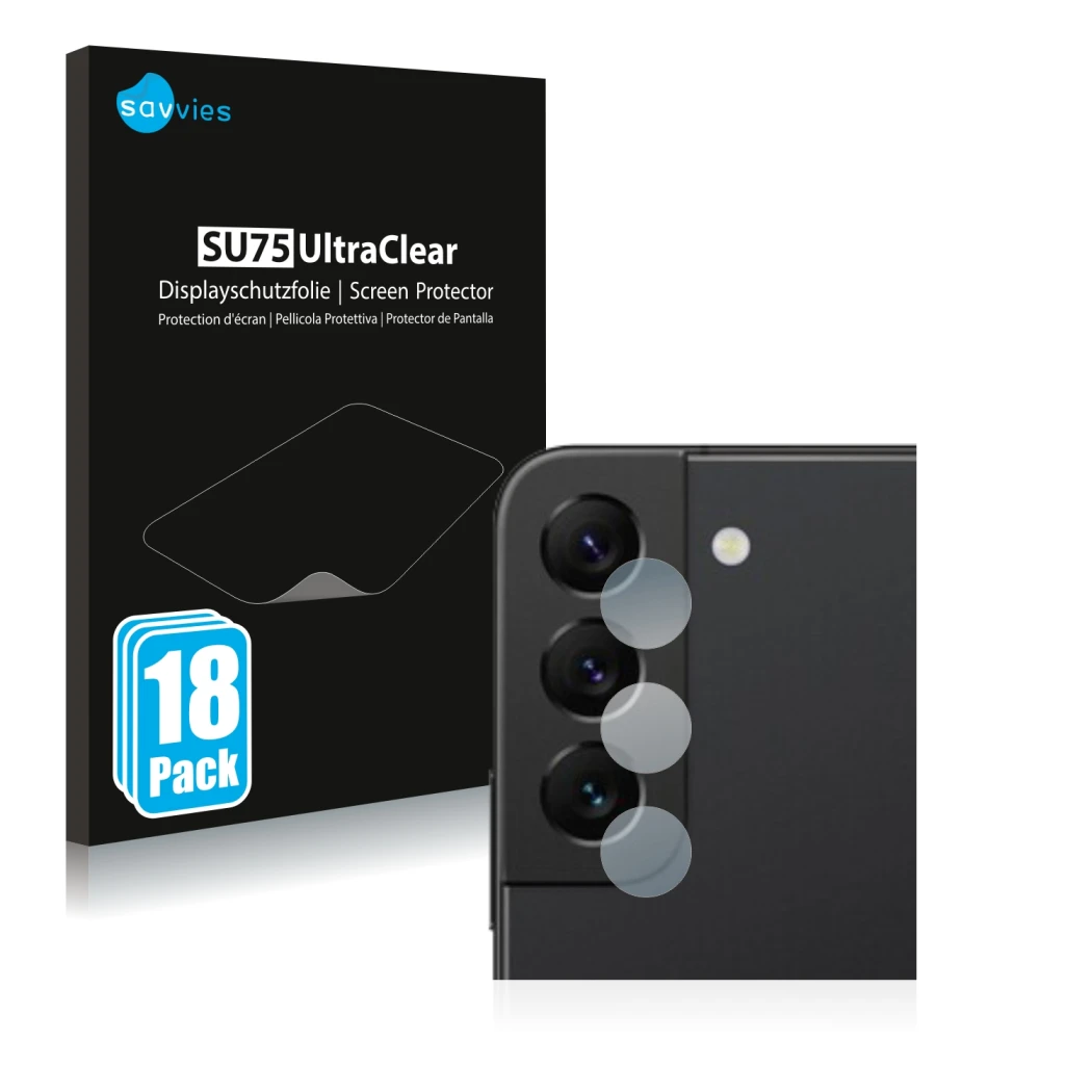 Front side of a product packaging with the brand logo Savvies. Next to it is the device Samsung Galaxy S22 5G (ONLY Camera Len