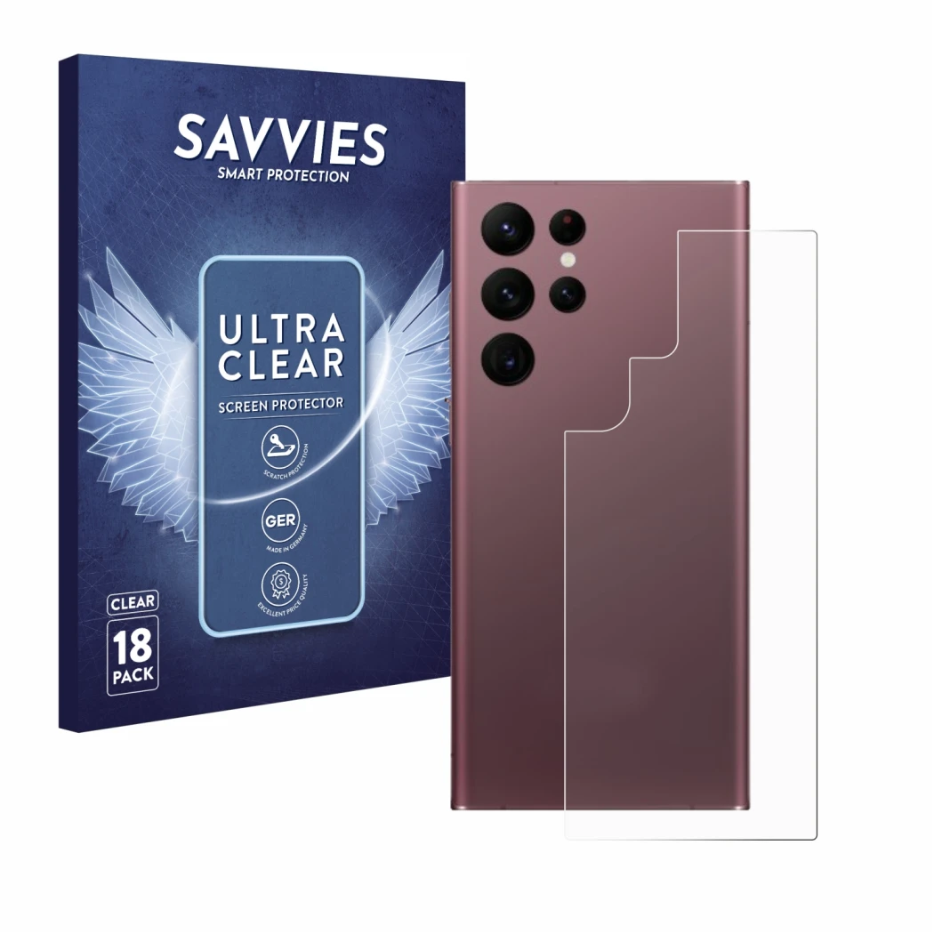 Front side of a product packaging with the brand logo Savvies. Next to it is the device Samsung Galaxy S22 Ultra 5G (Back) sho