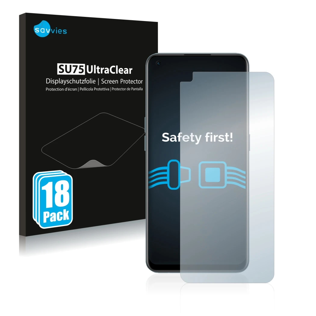 Front side of a product packaging with the brand logo Savvies. Next to it is the device OnePlus Nord CE 2 5G shown with the co