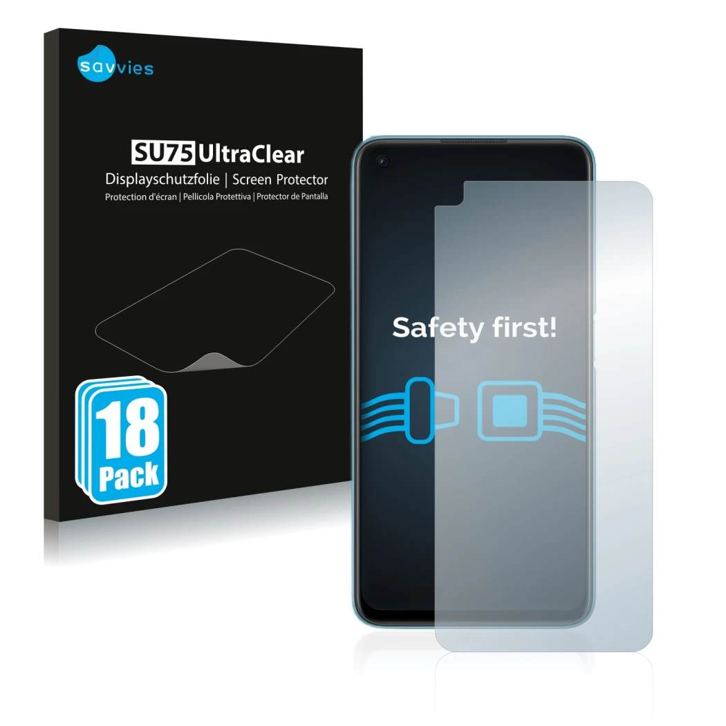 Front side of a product packaging with the brand logo Savvies. Next to it is the device Oppo A76 shown with the corresponding 