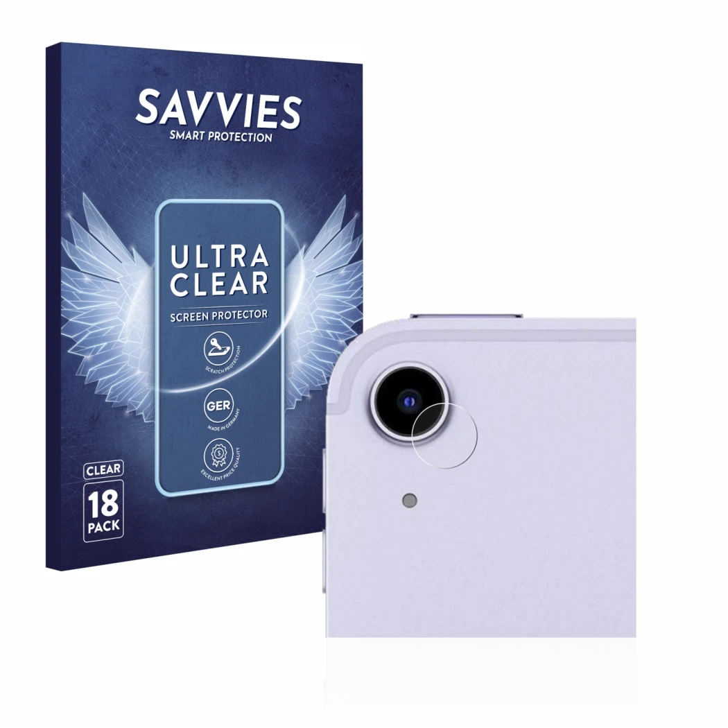 Front side of a product packaging with the brand logo Savvies. Next to it is the device Apple iPad Air 5 WiFi 2022 (ONLY Camer
