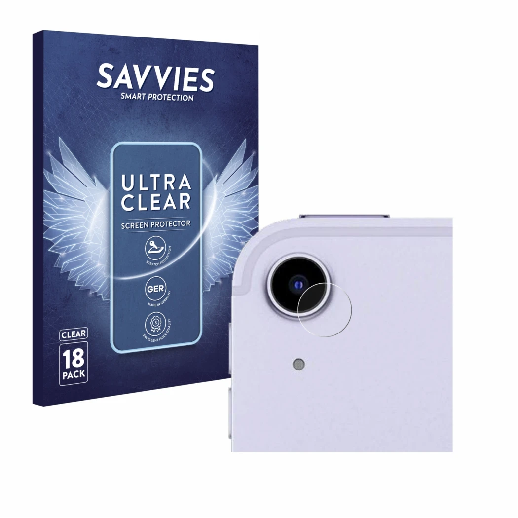 Front side of a product packaging with the brand logo Savvies. Next to it is the device Apple iPad Air 5 2022 (ONLY Camera Len