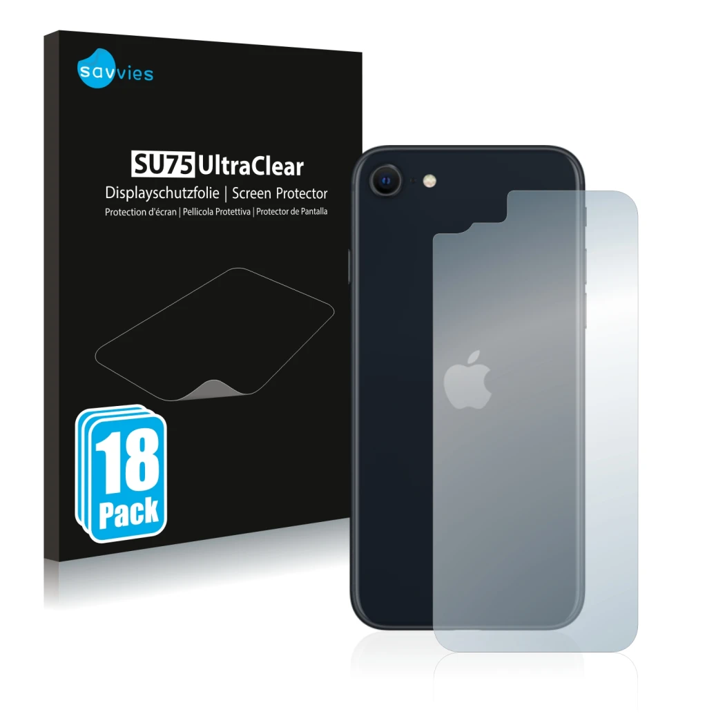 Front side of a product packaging with the brand logo Savvies. Next to it is the device Apple iPhone SE 3 2022 (Back) shown wi