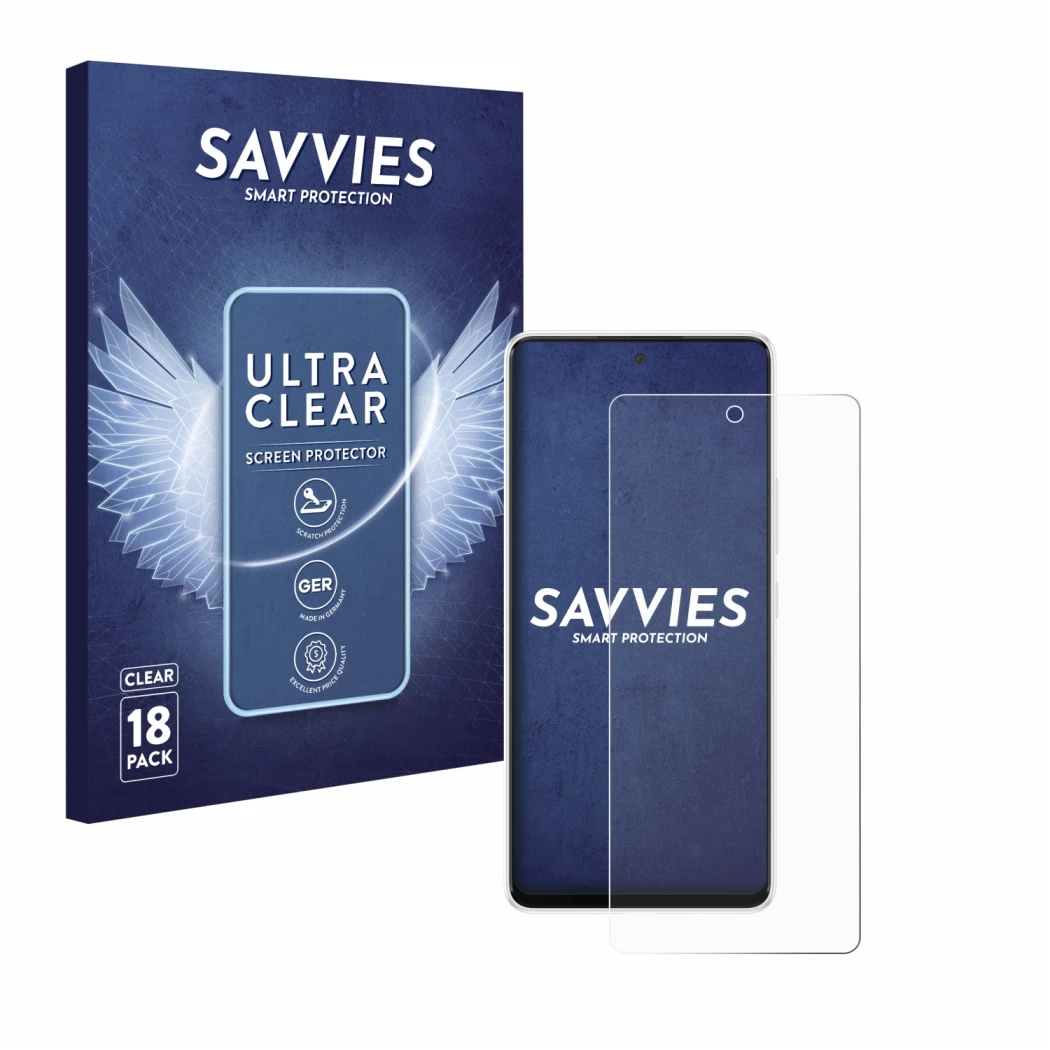 Front side of a product packaging with the brand logo Savvies. Next to it is the device Samsung Galaxy A53 5G shown with the c
