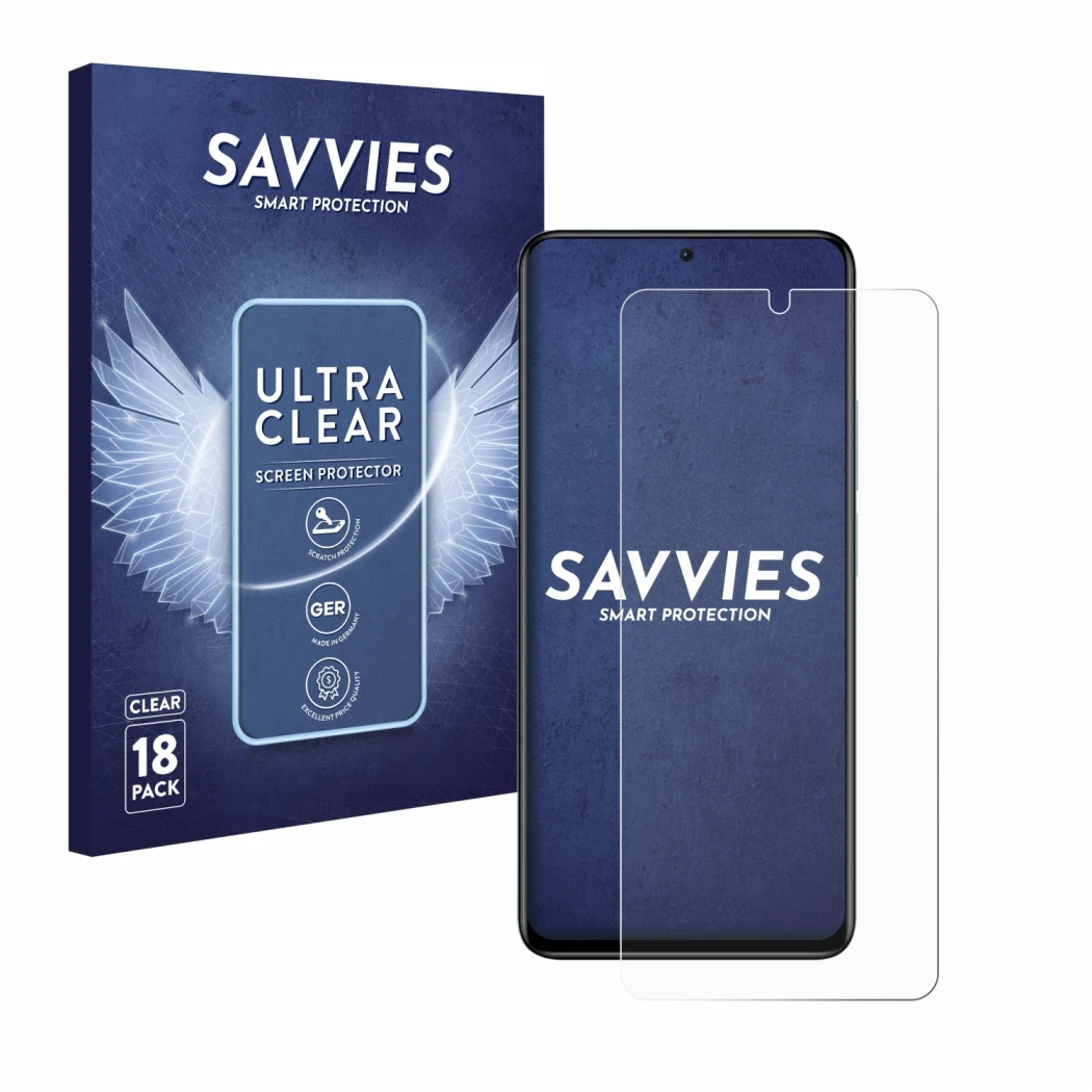 Front side of a product packaging with the brand logo Savvies. Next to it is the device Xiaomi Redmi Note 11 Pro+ 5G shown wit