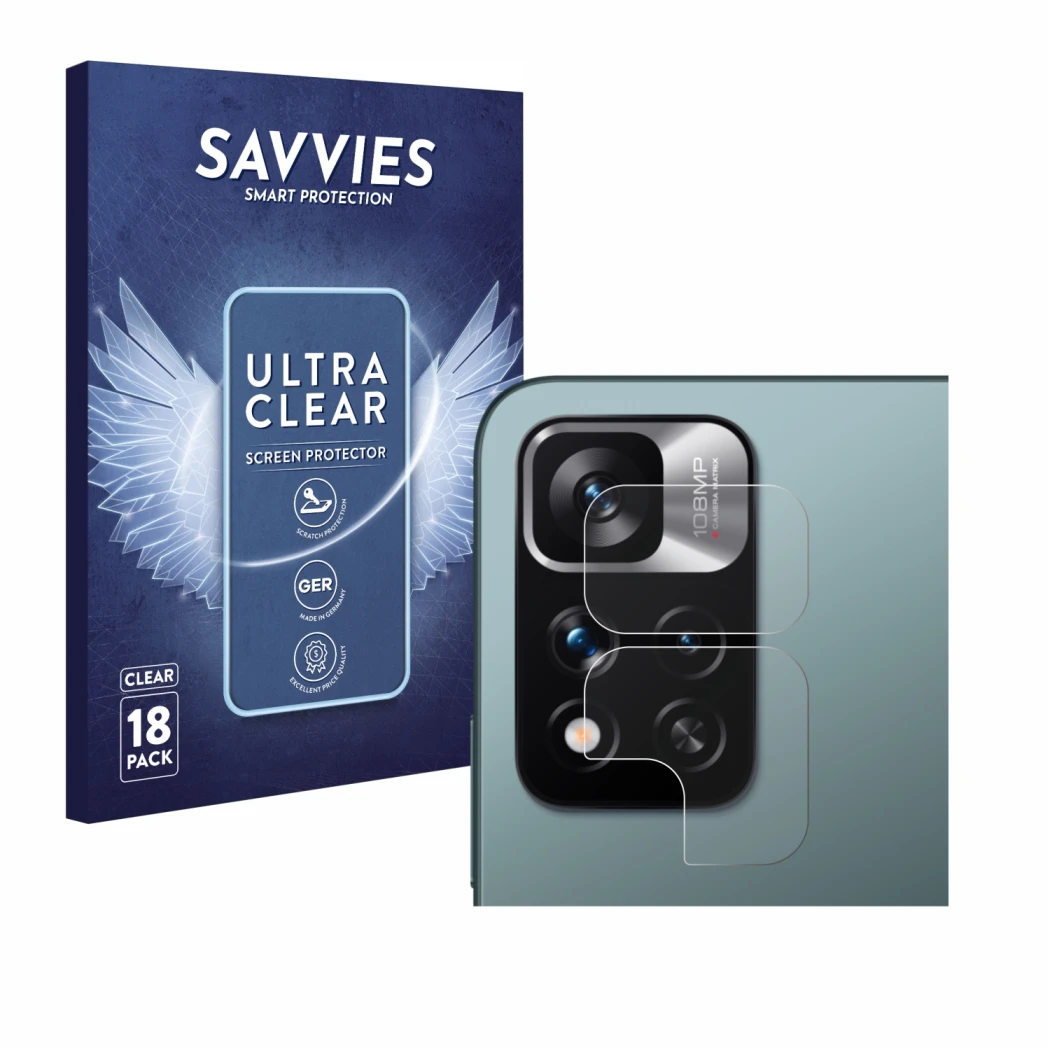 Front side of a product packaging with the brand logo Savvies. Next to it is the device Xiaomi Redmi Note 11 Pro+ 5G (ONLY Cam