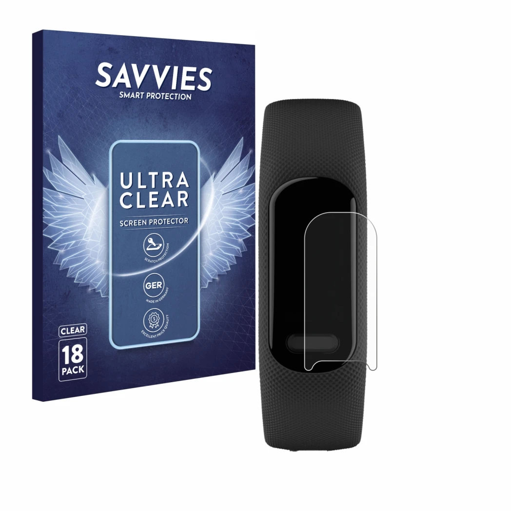 Front side of a product packaging with the brand logo Savvies. Next to it is the device Garmin Vivosmart 5 shown with the corr