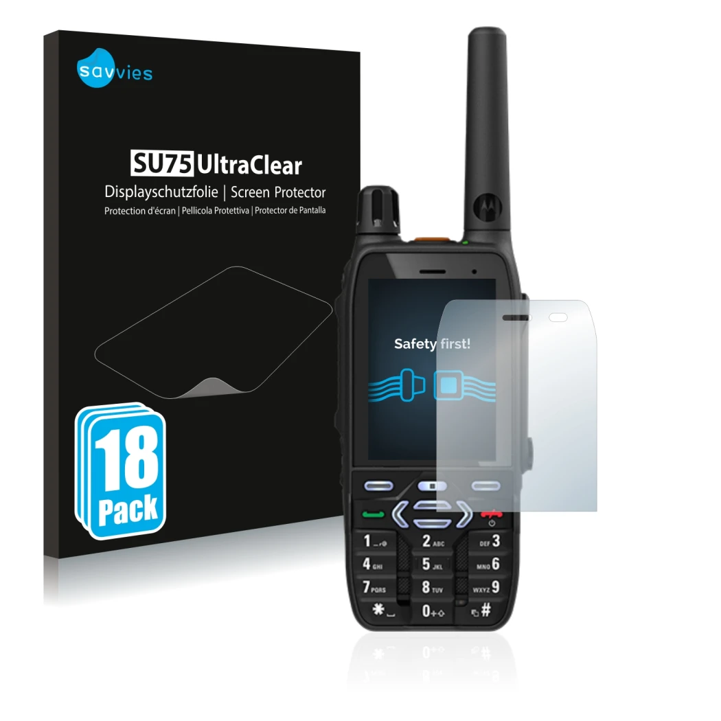 Front side of a product packaging with the brand logo Savvies. Next to it is the device Motorola MXP600 shown with the corresp