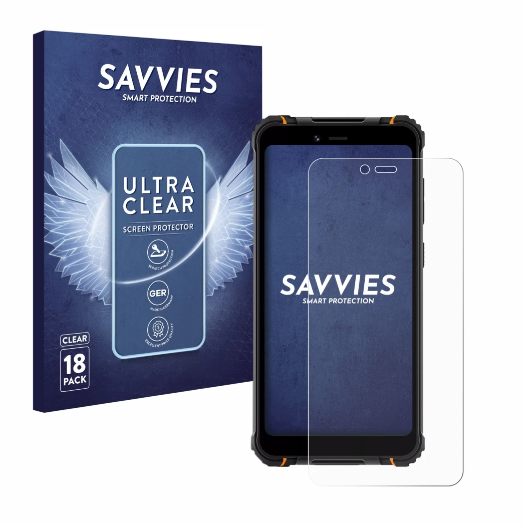 Front side of a product packaging with the brand logo Savvies. Next to it is the device Hotwav T5 Pro shown with the correspon