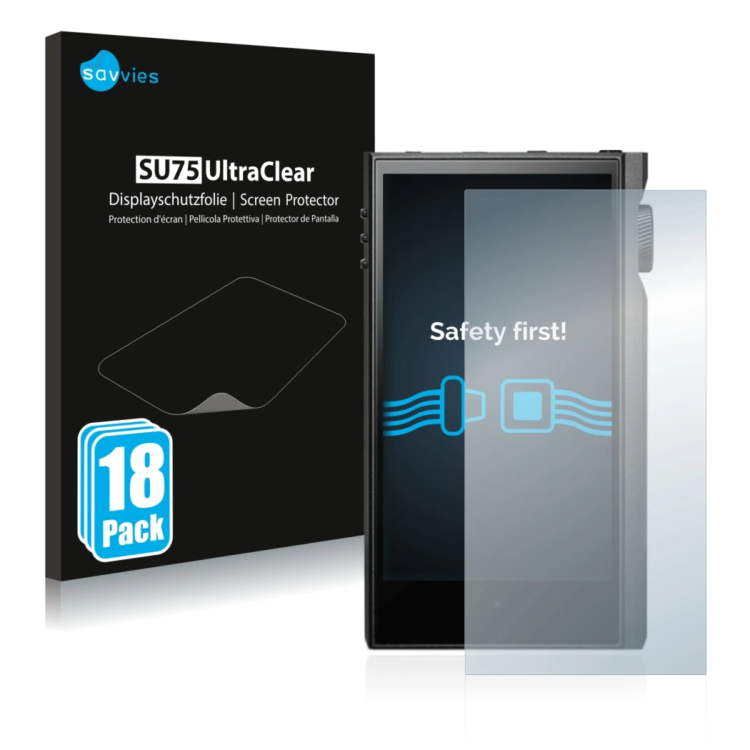 Front side of a product packaging with the brand logo Savvies. Next to it is the device Astell&Kern Kann Max shown with the co
